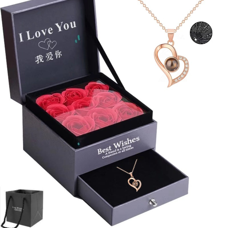 Heart projection necklace with rose gift box