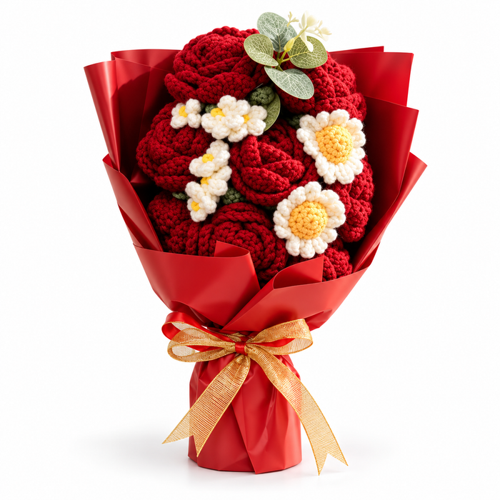Forever Crochet Bouquet – Burgundy Roses & Daisies